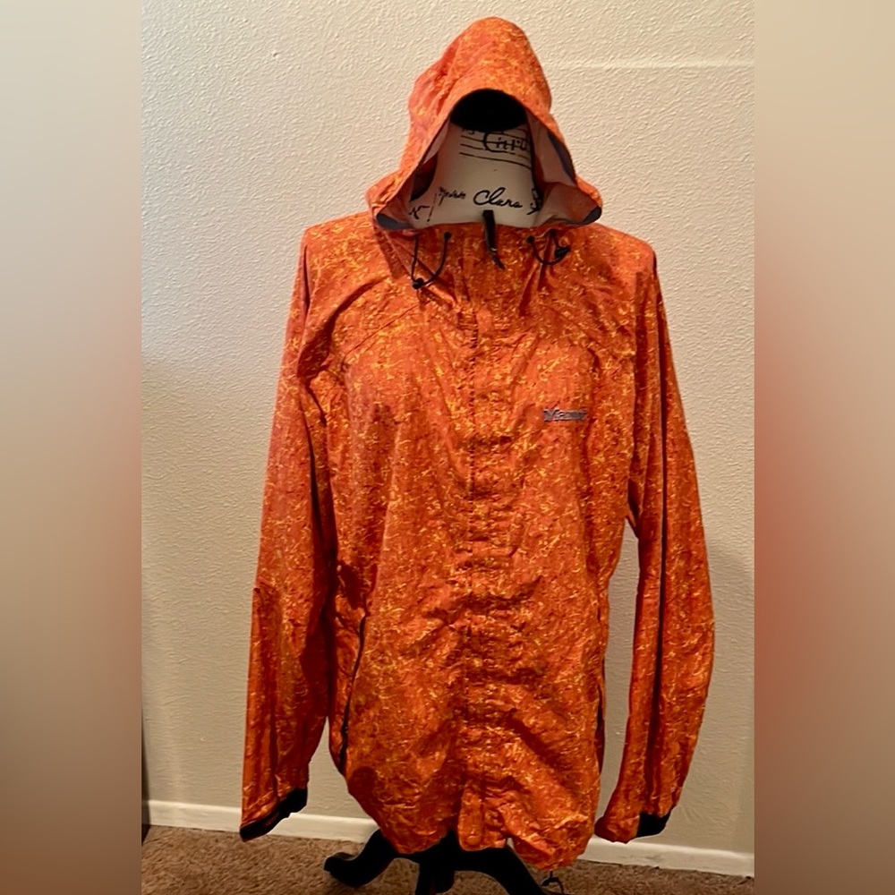 Marmot Rain Jacket Mens XL Orange Lightweight Hooded Outdoors Hiking Camping